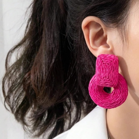 Chunky Pastel Multicolor Rattan Earrings Wicker Door Knocker Bold Statement New - Picture 7 of 7